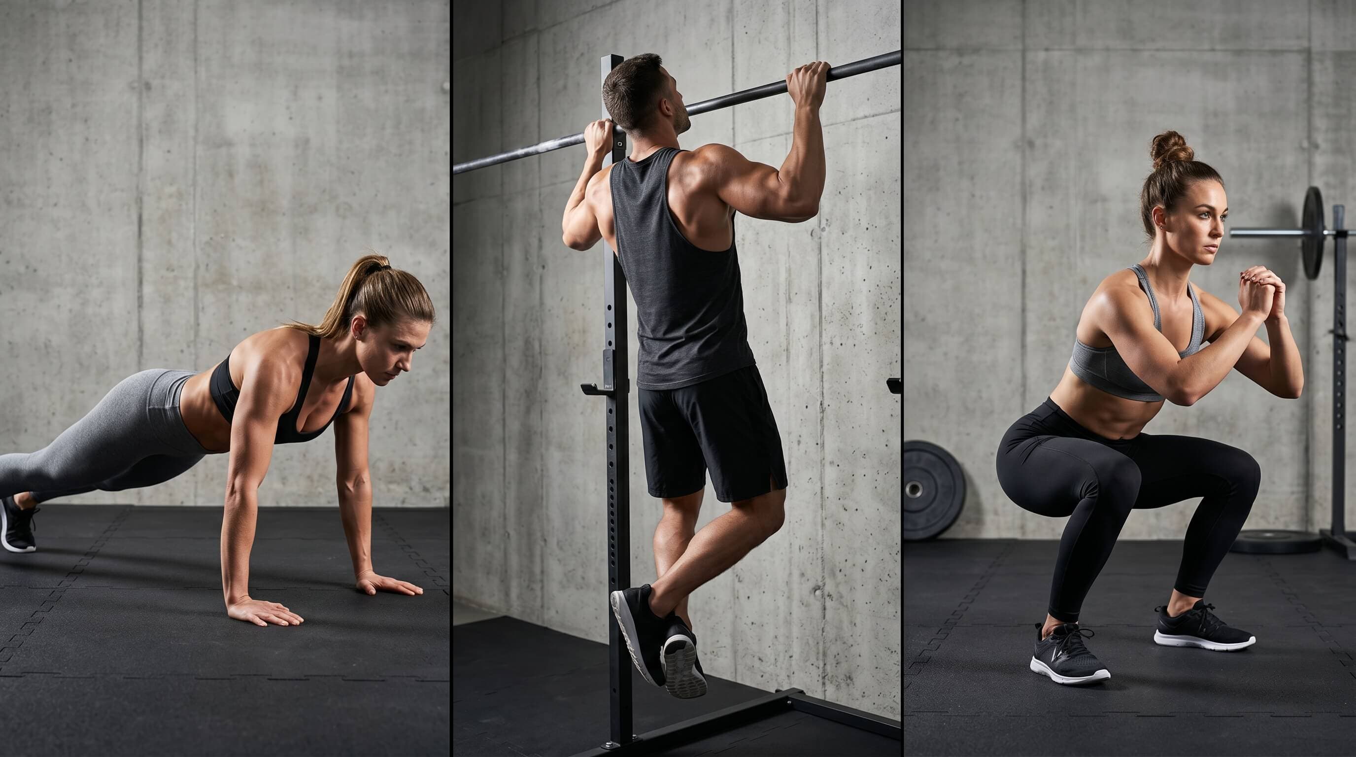 Male athlete performing a bodyweight squat with arms extended in a minimalist gym